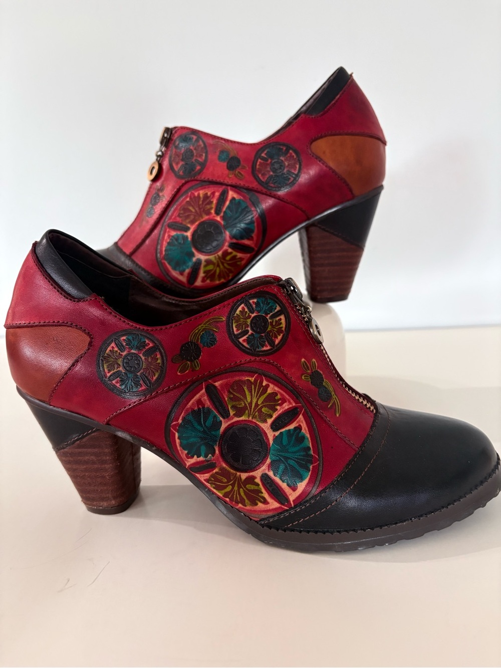Women's Red Leather Floral Embellished Ankle Booties - Picture 4 of 13
